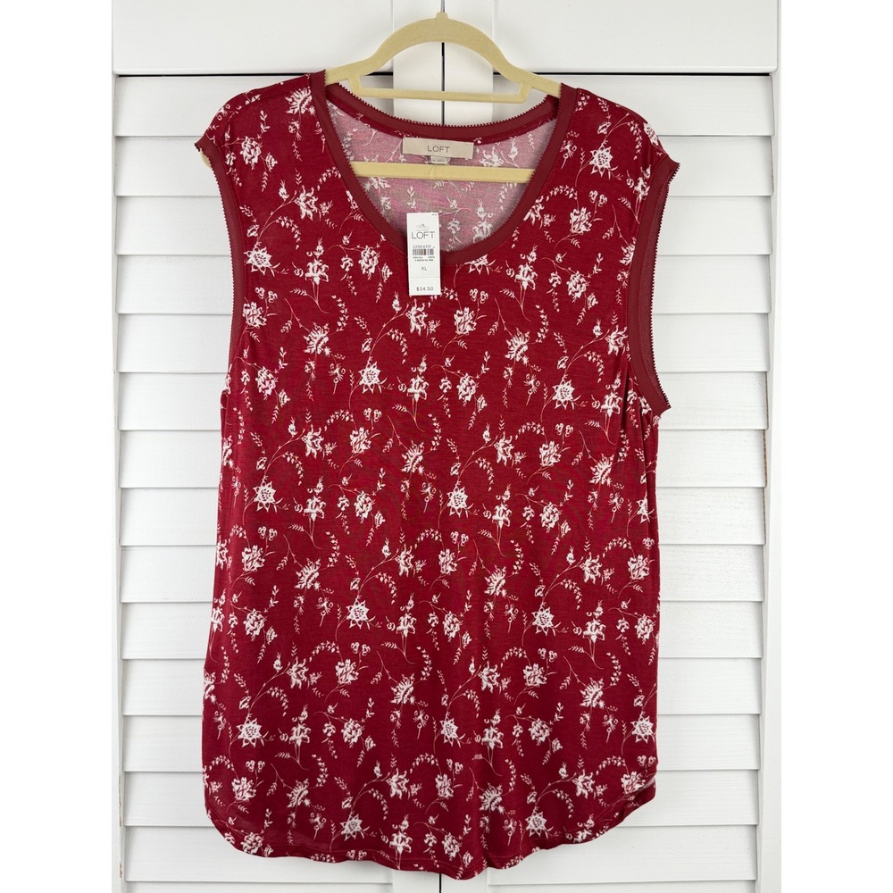 LOFT Tank Top XL Red Floral V-Neck Sleeveless Viscose NEW